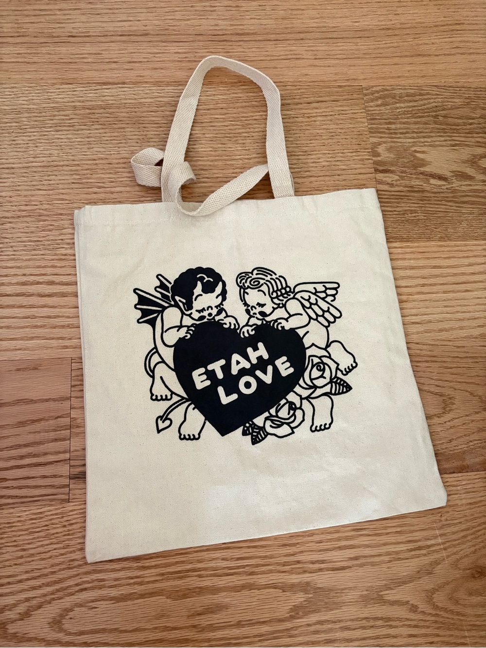 Canvas Tote Bag with Black Cherub Heart Graphic - Etah Love